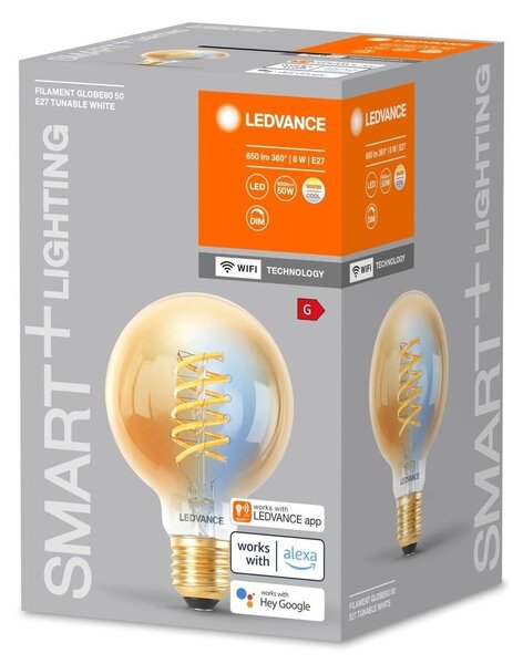 Chytrá WiFi LED stmívatelná žárovka E27 8 W GLOBE, laditelná bílá