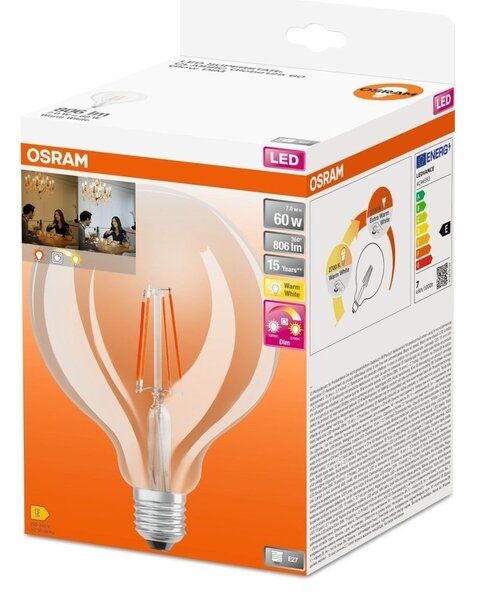 Průhledná LED žárovka E27 6,5 W GLOWDIM GLOBE, teplá bílá