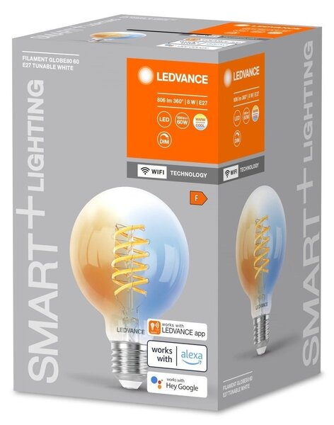 Chytrá WiFi LED stmívatelná žárovka E27 8 W GLOBE80, laditelná bílá