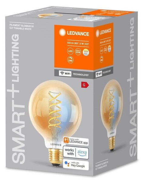 Chytrá WiFi LED stmívatelná žárovka E27 8 W GLOBE95, laditelná bílá