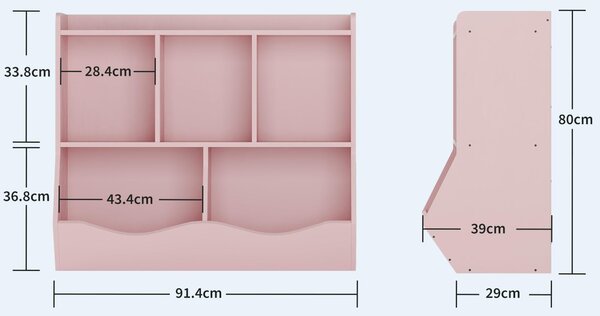 Sada dvou dětských regálů, organizér na hračky a knihy s 5 přihrádkami, materiál MDF, barva růžová