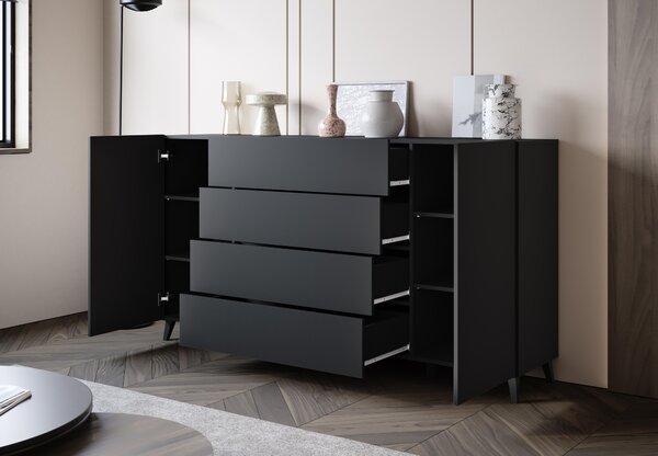 MINIO – Komoda LOKET 182, komoda s zásuvkami, šířka 180 cm, černá barva