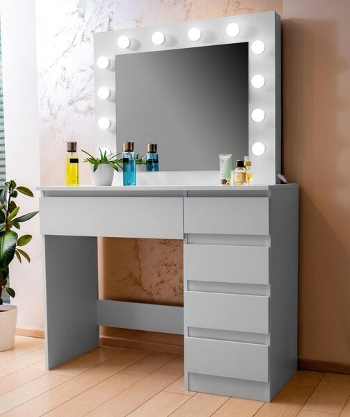 INLEA Toaletní stolek LISA s LED osvětlením (LED žárovky) a 5 zásuvkami - bílý