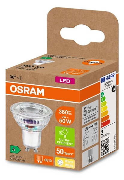 Ultra účinná LED bodovka GU10 PAR16 2 W, teplá bílá