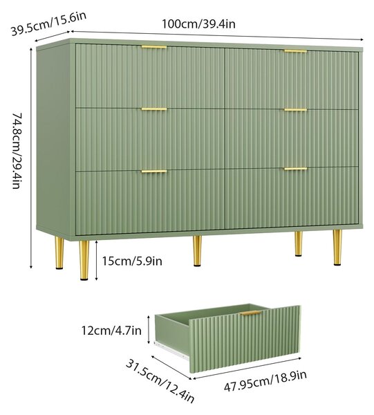 Sada dvou komod s 6 zásuvkami, rozměry 100x40x75 cm, s reliéfními předními plochami ve tvaru vln, podstavec, barva: zelená (avokádová)