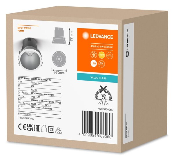 Šedé LED podhledové svítidlo 5 W SPOT 70mm, teplá bílá