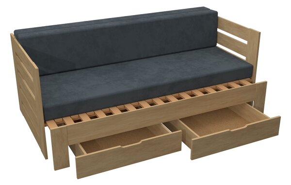 Dřevená rozkládací postel Oto smrk s roštem a úložným prostorem - Šedá, Vysoké, Molitanová rozkládací 16 cm Standard