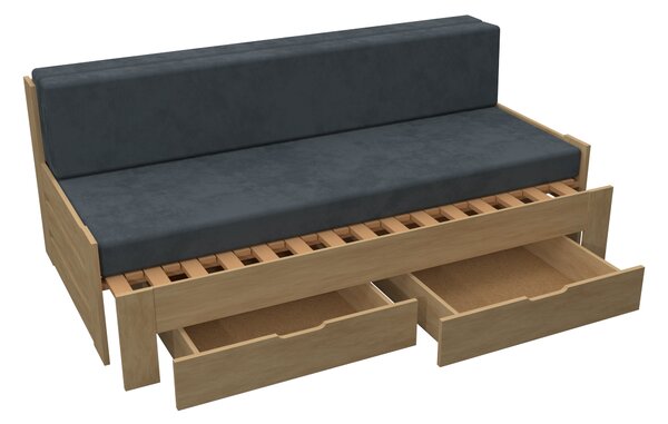 Dřevená rozkládací postel Oto smrk s roštem a úložným prostorem - Šedá, Vysoké, Molitanová rozkládací 16 cm Standard