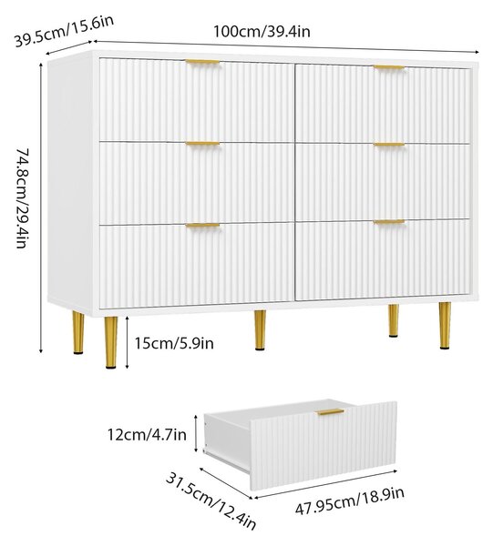 Sada dvou komod s 6 zásuvkami, rozměry 100x40x75 cm, s reliéfními předními plochami ve tvaru vln, komody na nožkách, barva: teplá bílá