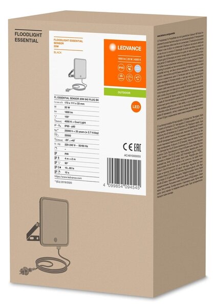 Venkovní LED reflektor ESSENTIAL 20 W se senzorem, studená bílá