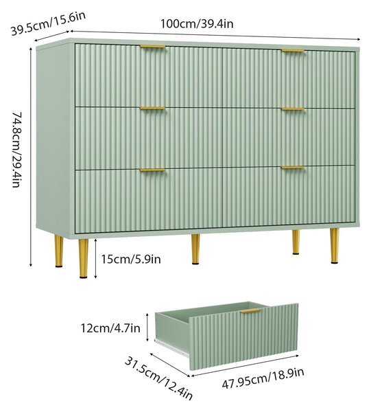 Sada dvou komod s 6 zásuvkami, rozměry 100x40x75 cm, s reliéfními předními plochami ve tvaru vln, s nožkami, barva: olivově zelená