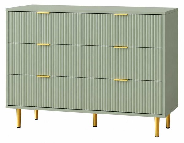 Sada dvou komod s 6 zásuvkami, rozměry 100x40x75 cm, s reliéfními předními plochami ve tvaru vln, s nožkami, barva: olivově zelená