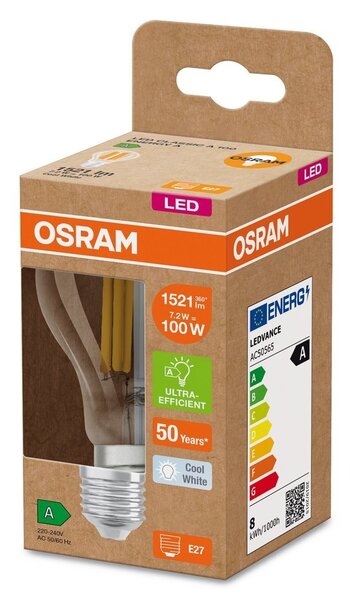 Ultra efektivní LED žárovka E27 CLASSIC A 7.2 W, studená bílá