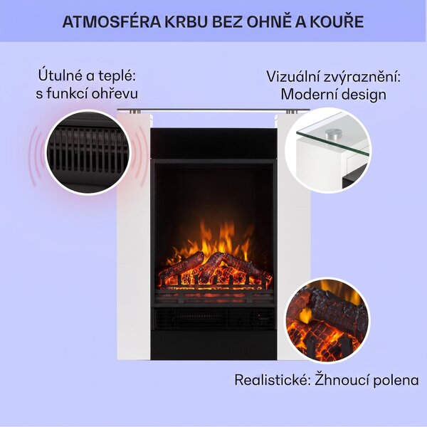 Klarstein Elektrický krb, elektrické ohřívače do obývacího pokoje a interiéru, elektrický krb s LED plameny, volně stojící krb, ventilátorový ohřívač s časovačem, nastavitelný termostat, ohřívač 1800 W