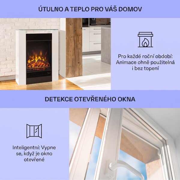 Klarstein Elektrický krb, elektrické ohřívače do obývacího pokoje a interiéru, elektrický krb s LED plameny, volně stojící krb, ventilátorový ohřívač s časovačem, nastavitelný termostat, ohřívač 1800 W