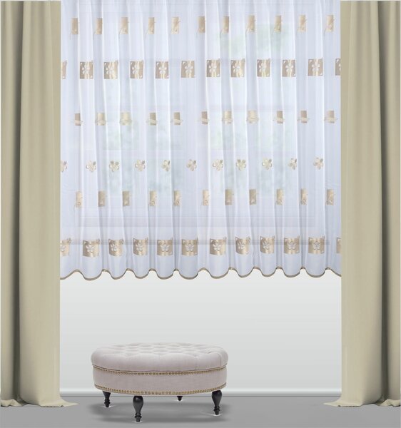 Záclona voálová, Zlatý čtverec a květina metráž, bílá 150 cm