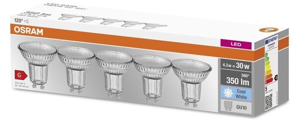 5 ks reflektorová LED bodovka GU10 4,3 W 4000 K BASE, studená bílá