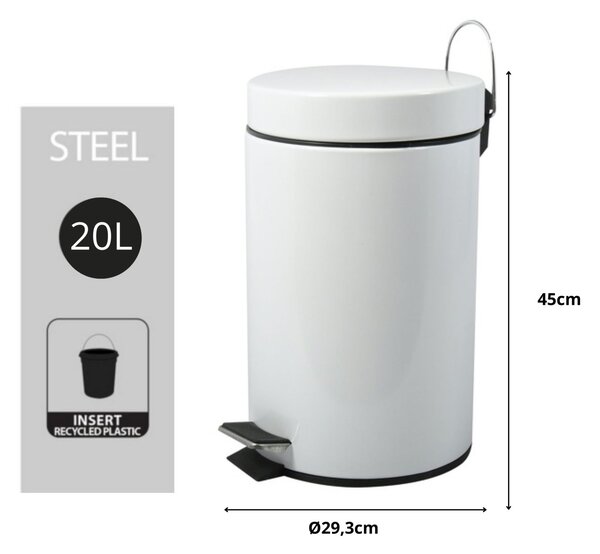 MSV pedálový odpadkový koš, bílá, ocel, 20 L