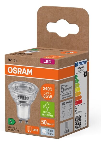 Ultra účinná LED bodovka GU10 1.3W PAR16, studená bílá