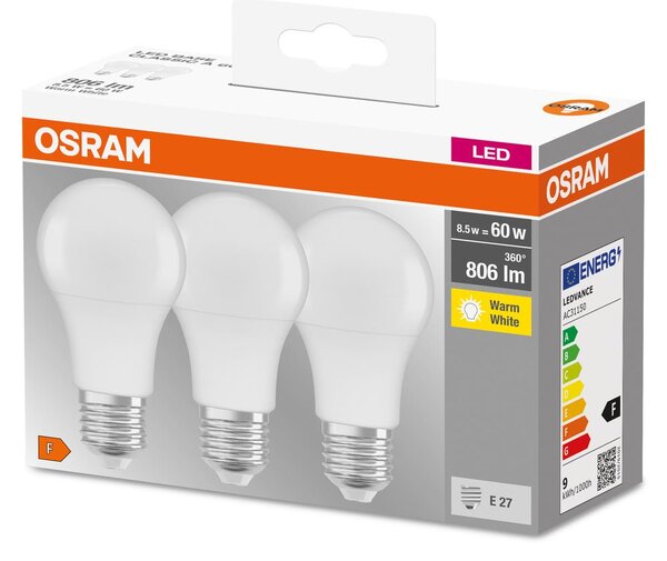 3ks kvalitní LED žárovka E27 8,5 W CLASSIC teplá bílá