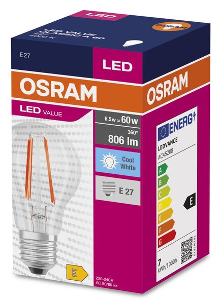 Průhledná LED žárovka E27 6.5 W CLASSIC A, studená bílá