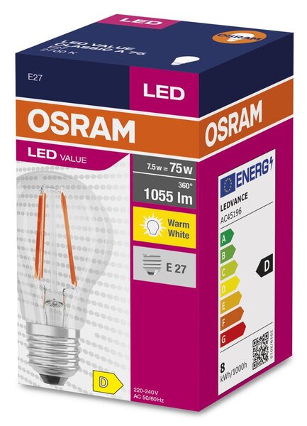 Průhledná LED žárovka E27 7.5 W CLASSIC A, teplá bílá