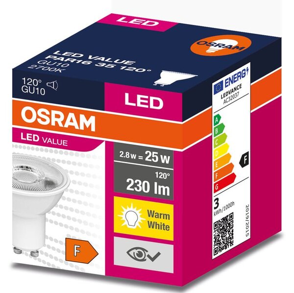 LED bodovka GU10 2.8 W PAR16, teplá bílá