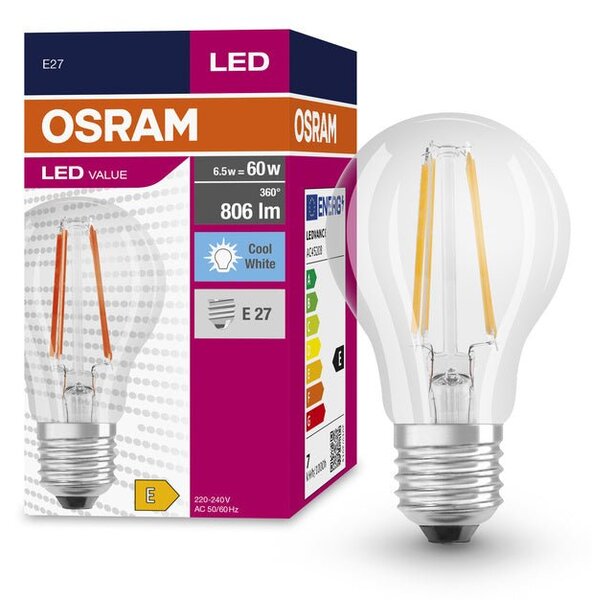 Průhledná LED žárovka E27 6.5 W CLASSIC A, studená bílá