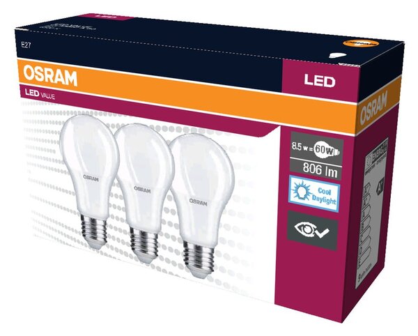 3 ks LED žárovka E27 8.5 W CLASSIC A, studená denní bílá
