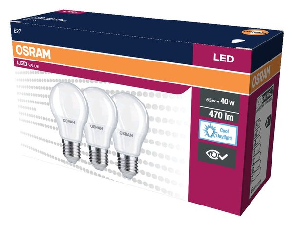 3 ks LED žárovka E27 4.9 W CLASSIC A, studená denní bílá