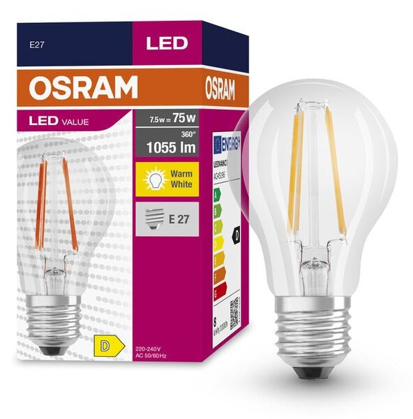 Průhledná LED žárovka E27 7.5 W CLASSIC A, teplá bílá
