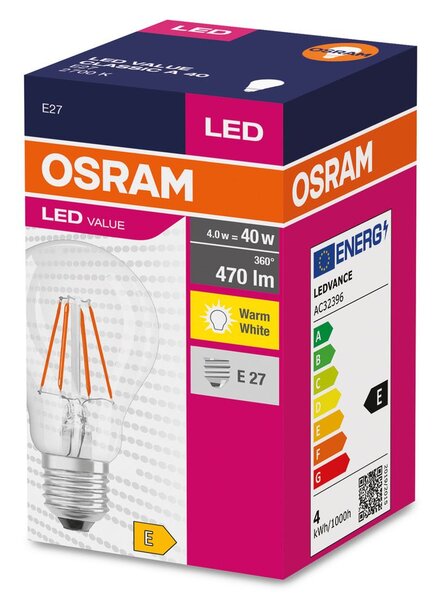 Průhledná LED žárovka E27 4 W CLASSIC A, teplá bílá