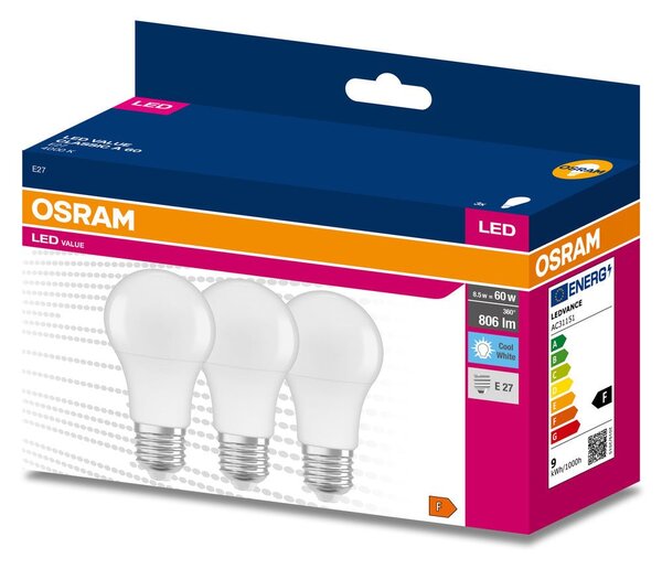 3 ks matná LED žárovka E27 8.5 W CLASSIC A, studená bílá