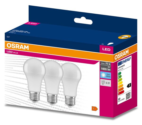 3 ks matná LED žárovka E27 10 W CLASSIC A, studená bílá