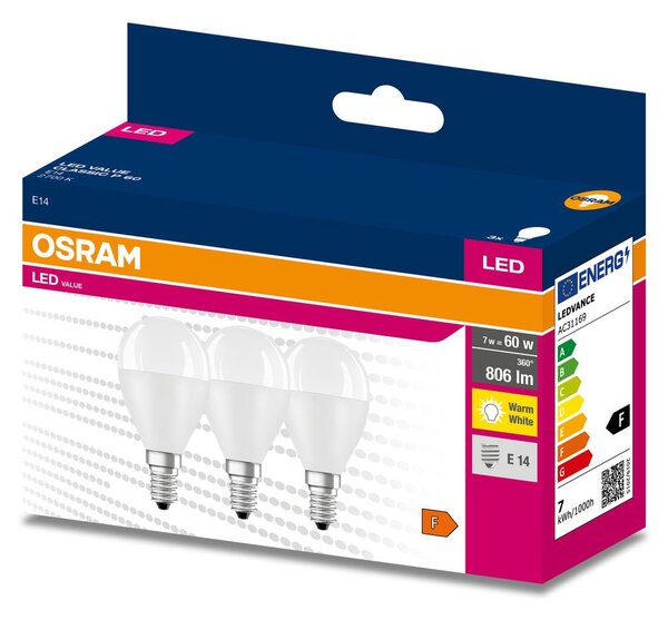3 ks LED žárovka E14 7.5 W CLASSIC P, teplá bílá