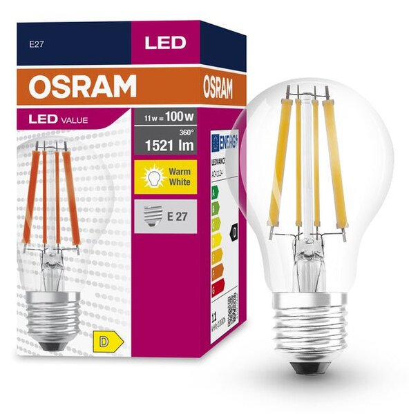 Průhledná LED žárovka E27 11 W CLASSIC A, teplá bílá
