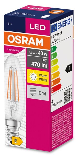 Průhledná LED žárovka E14 4 W CLASSIC B, teplá bílá