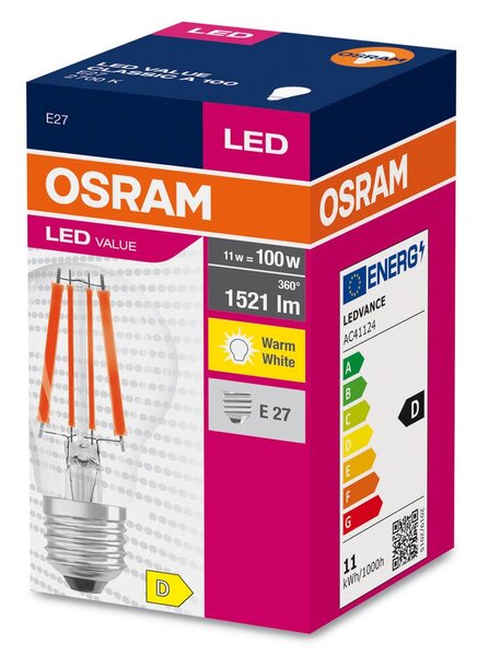 Průhledná LED žárovka E27 11 W CLASSIC A, teplá bílá