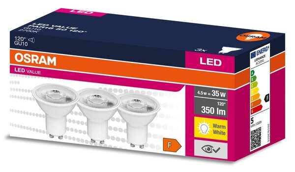 3 ks LED bodovka GU10 4.5 W 120° 350 lm PAR16, teplá bílá