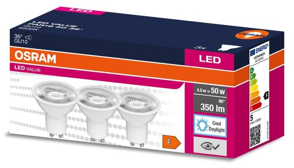 3 ks LED bodovka GU10 4.5 W 36° PAR16, studená denní bílá