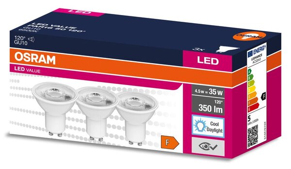 3 ks LED bodovka GU10 4.5 W 120° PAR16, studená denní bílá