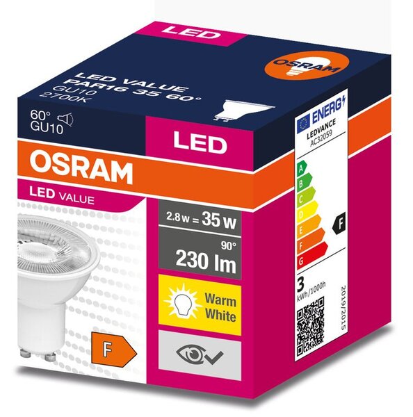 LED bodovka GU10 2.8 W 60° PAR16, teplá bílá