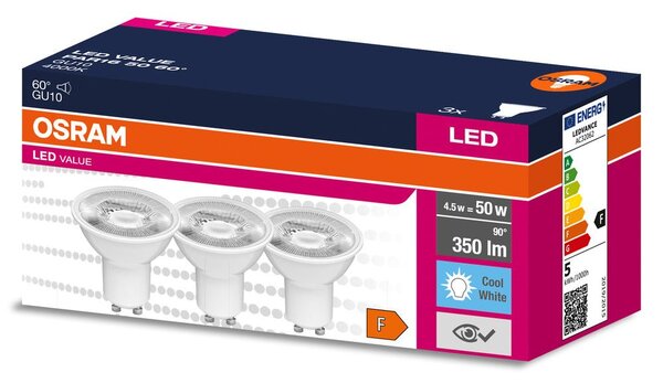 3 ks LED bodovka GU10 4.5 W 60° PAR16, studená bílá