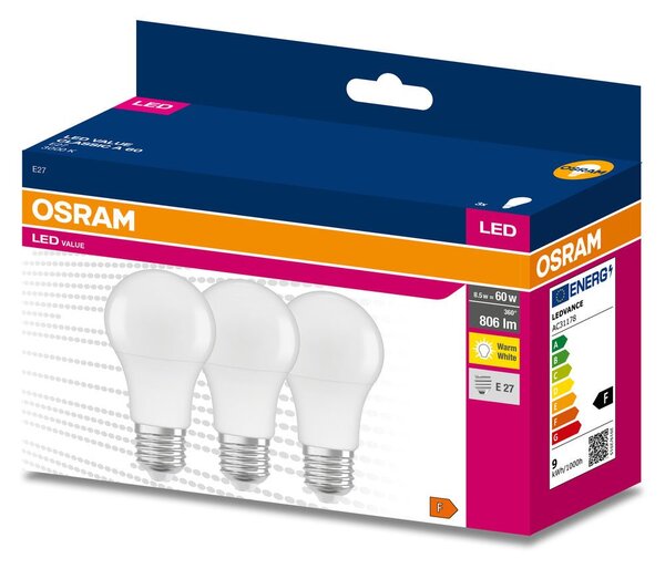 3 ks matná LED žárovka E27 8.5 W CLASSIC A, teplá bílá