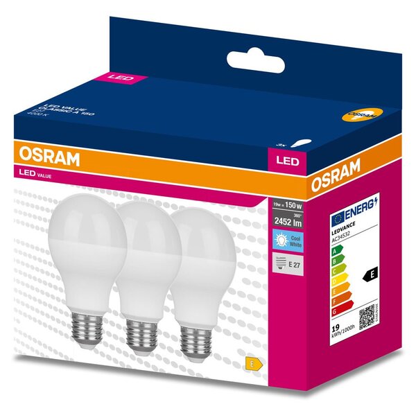 3 ks LED žárovka E27 19 W CLASSIC A, studená bílá
