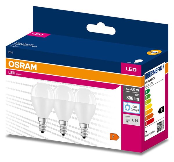 3 ks LED žárovka E14 7.5 W CLASSIC P, studená denní bílá