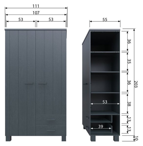 WOOOD Tmavě šedá dřevěná šatní skříň Koben 111 cm se šuplíky