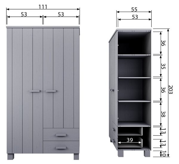 WOOOD Světle šedá dřevěná šatní skříň Koben 202 x 111 cm se šuplíky