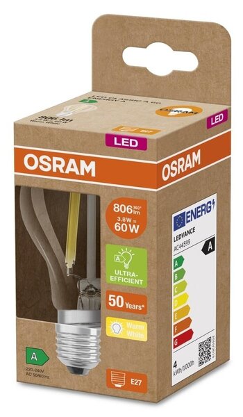 Průhledná ultra účinná LED žárovka E27 3,8 W ENERGY A, teplá bílá