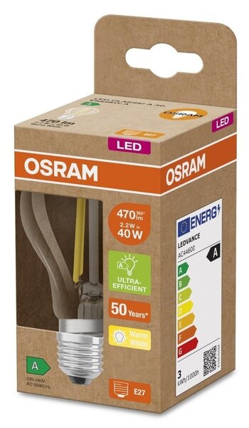 Průhledná ultra účinná LED žárovka E27 2,2 W ENERGY A, teplá bílá